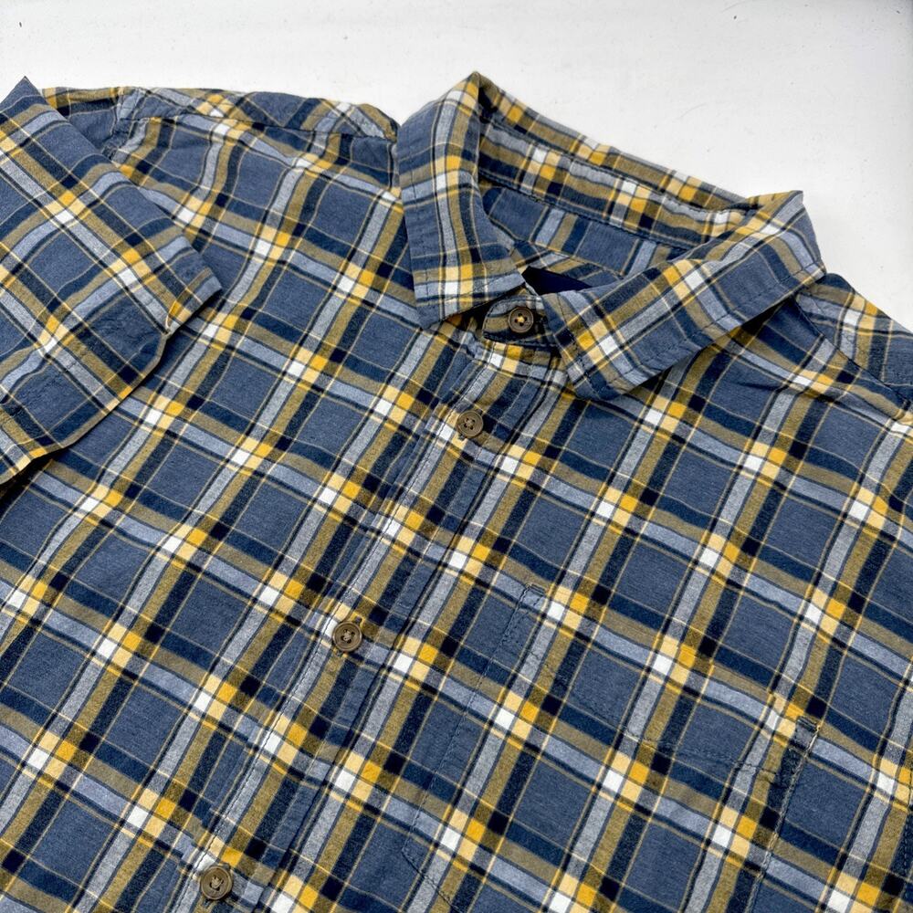 Prana Shirt Mens Large Yellow Blue Plaid Organic Cotton Hiking Camping Outdoors
